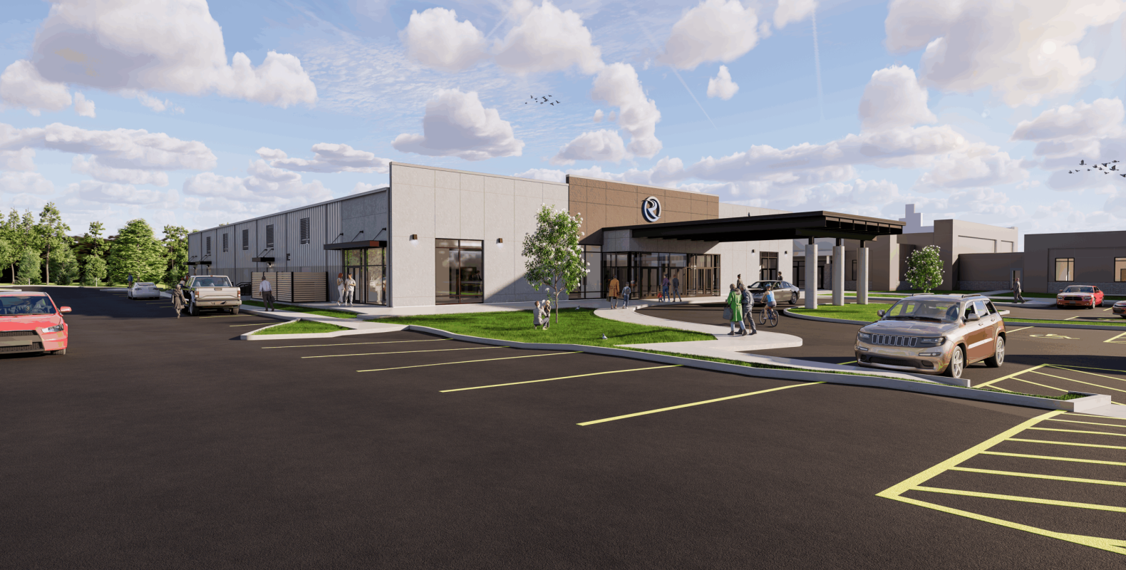 River Church commercial building design by GEM Studio Architecture – modern exterior rendering with covered entry canopy, Denver CO